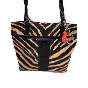 Coach Black Cream Zebra Print Canvas And Patent Leather Tote